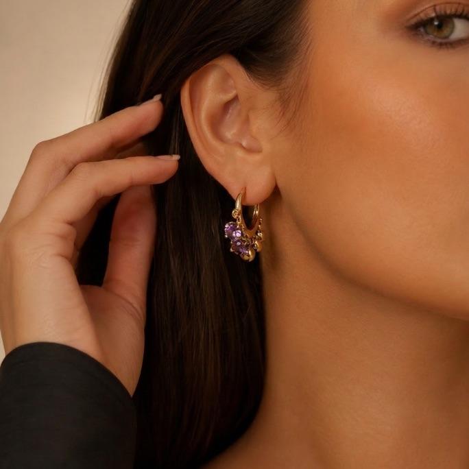 BRINCO ARGOLA DE CLICK COM PONTO DE LUZ QUINTUPLO  ZIRCÔNIA ROSÉ - BANHADO A OURO 18K