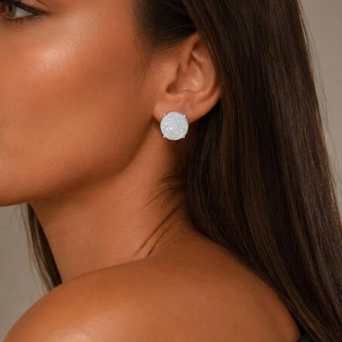 BRINCO PONTO DE LUZ REDONDO 6 GARRAS  GRANDE DE GLITER BRANCO - BANHADO A PRATA 925