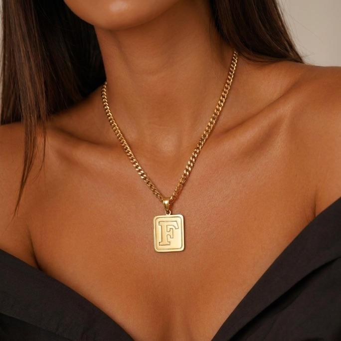 CORRENTE DIAMANTADA FEMININA 40CM COM PINGENTE INICIAL F- BANHADO A OURO 18K