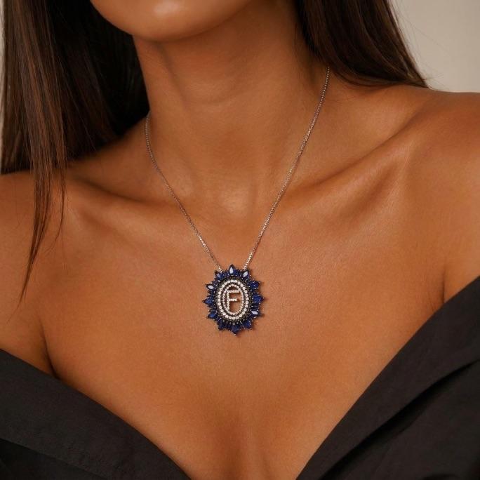CORRENTE MANDALA INICIAL F ZIRCONIA AZUL E CRISTAL- BANHADO A RÓDIO NEGRO