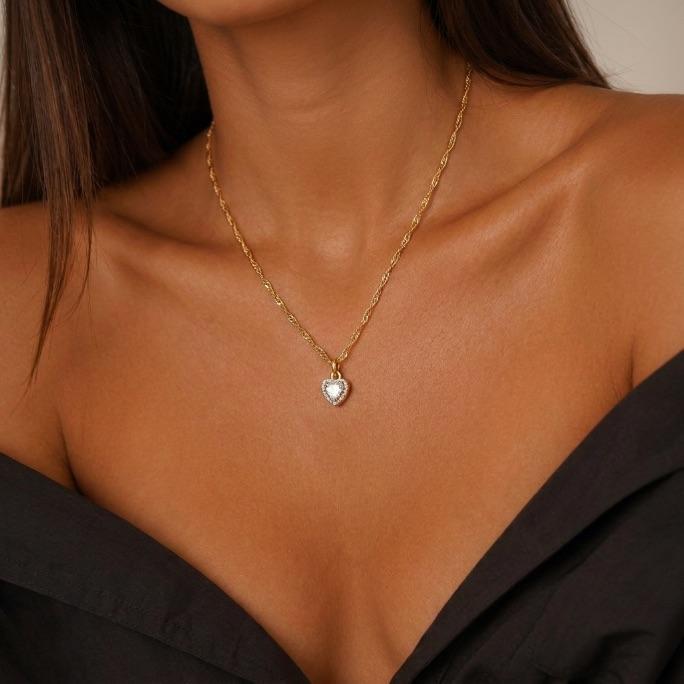 CORRENTE SINGAPURA 35CM CORAÇÃO CRAVADO COM ZIRCONIA CRISTAL - BANHADO A OURO 18K