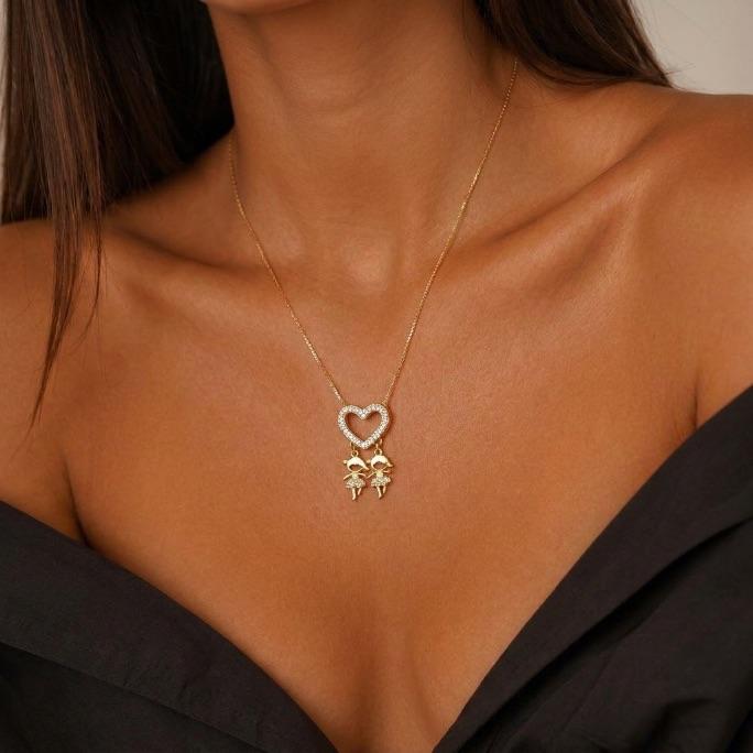 CORRENTE VENEZIANA CORAÇÃO CRAVEJADO COM 2 MENINAS PENDURADO 45CM - BANHADO A OURO 18K