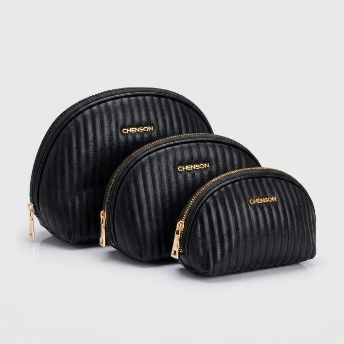 NECESSAIRE TRIPLA PEQUENA MÉDIA E GRANDE PRETA LISTRADA CHENSON