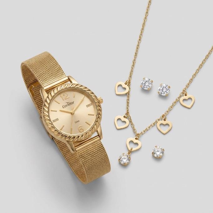 RELOGIO CONDOR FEMININO DOURADO PULSEIRA ESTREIRA COM FUNDO ROSÉ E LATERAL TRANÇADA ACOMPANHA ACESSORIO CORRENTE E BRINCO C02035NPE/K4J - COR AÇO DOURADO