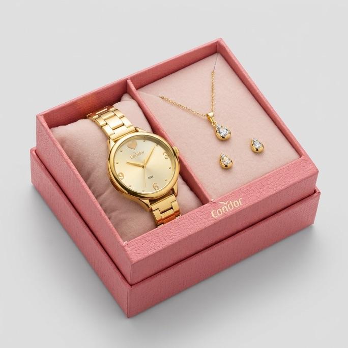 RELÓGIO CONDOR FEMININO DOURADO REDONDO COM FUNDO PÉROLA E CORAÇÃO PULSEIRA EM AÇO + BRINDE COLAR E BRINCO   - COR DOURADO