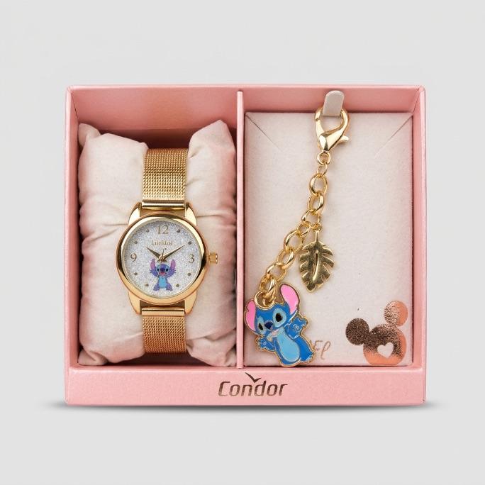 RELOGIO CONDOR FEMININO LINHA DISNEY DOURADO PULSEIRA ESTEIRA COM FUNDO DESENHO STITCH E GLITER  CO2035NXF/K4K  - COR AÇO PRATA