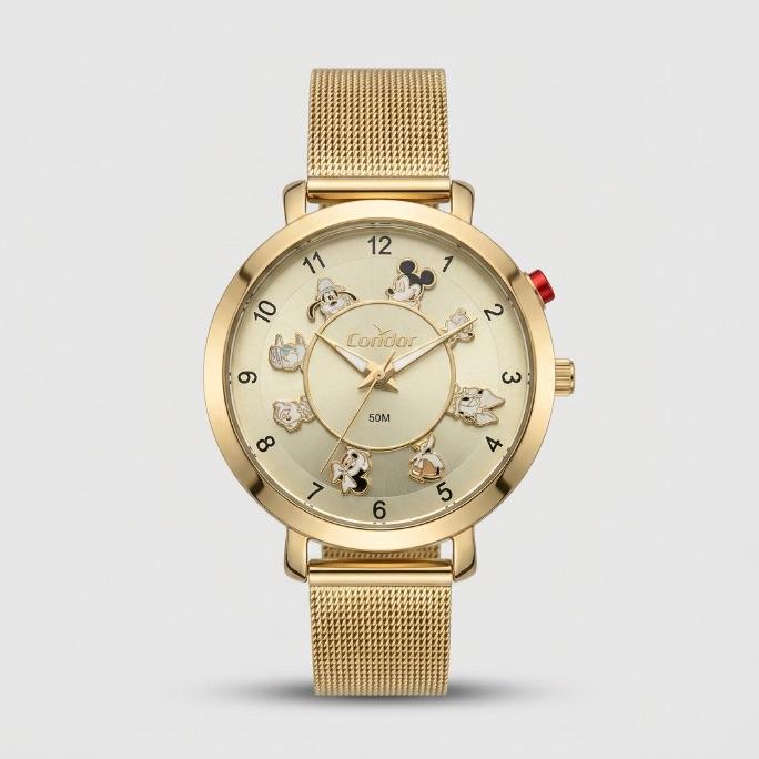 RELOGIO CONDOR FEMININO PULSEIRA ESTEIRA LINHA DISNEY DOURADO COM FUNDO MIKEY E SUA TURMA   - COR AÇO DOURADO