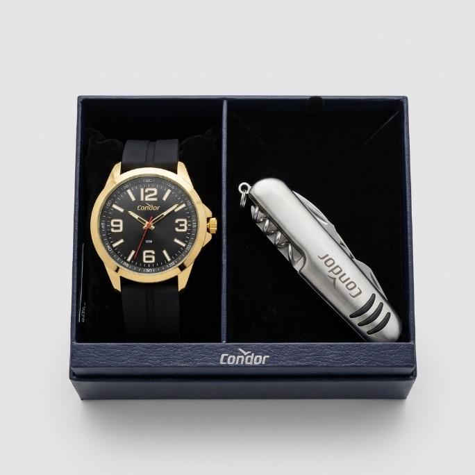 RELOGIO CONDOR  MASCULINO PULSEIRA BORRACHA PRETO LATERAL DOURADA E FUNDO PRETO COM DOURADO- CO2035NDW/K6P - COR AÇO DOURADO