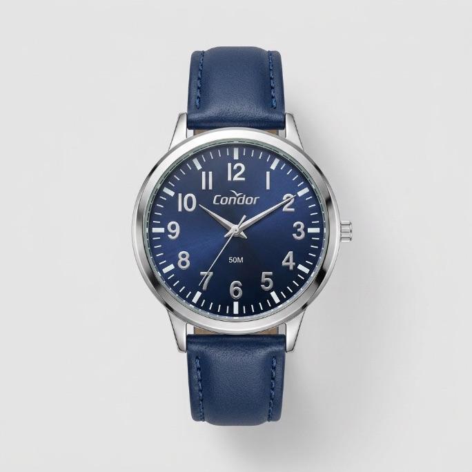 RELOGIO CONDOR  MASCULINO PULSEIRA COURO AZUL ESCURO LATERAL PRATA  E FUNDO AZUL METALICO COM PRATA  - CO2035NRO/3A - COR AÇO PRATA