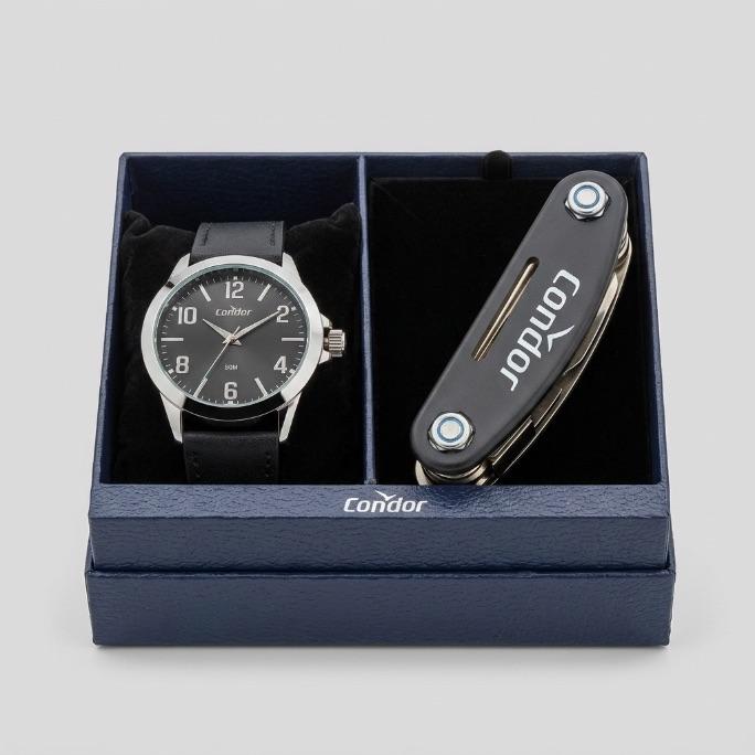 RELOGIO CONDOR  MASCULINO PULSEIRA COURO PRETO LATERAL GRAFITE E FUNDO PRETO COM PRATA COM BRINDE CHAVE DE FENDA  - CO2035OBP/K3K - COR AÇO DOURADO