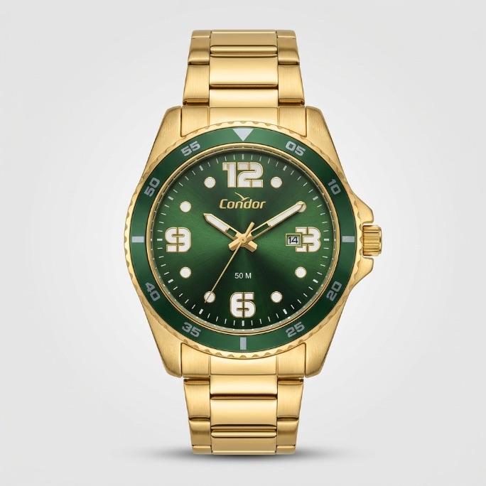 RELOGIO CONDOR MASCULINO PULSEIRA GOMO LATERAL E FUNDO METÁLICO VERDE - CO2115NAD/4V/K4J- COR AÇO DOURADO