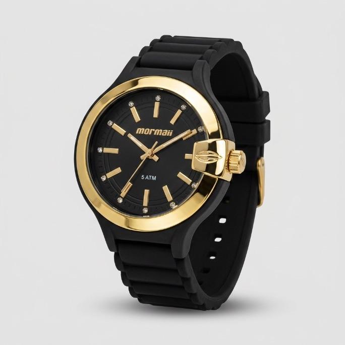 RELOGIO MORMAII MASCULINO PULSEIRA BORRACHA PRETO LATERAL DOURADA E FUNDO PRETO COM DOURADO- MO2036JU/8P- COR AÇO DOURADO