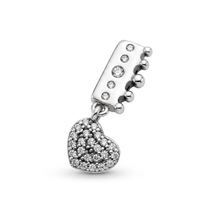 BERLOQUE PARA PULSEIRA ESTEIRA COROA COM CORAÇÃO PENDURADO CRAVEJADO ZIRCONIA CRISTAL - PRATA 925