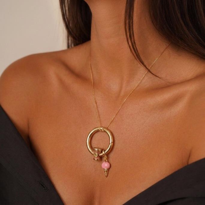 CORRENTE COM PINGENTE ARO PARA BERLOQUE COM PINGENTE SORVETE E CAFÉ- BANHADO A OURO 18K