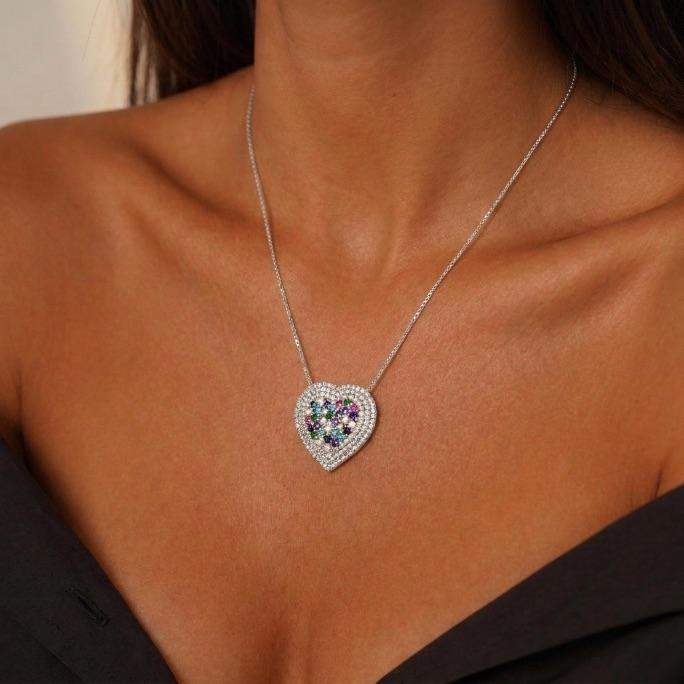CORRENTE CORAÇÃO CRAVEJADO PEDRA CRISTAL E ZIRCONIA COLORS COM EXTENSOR- BANHADO A PRATA 925