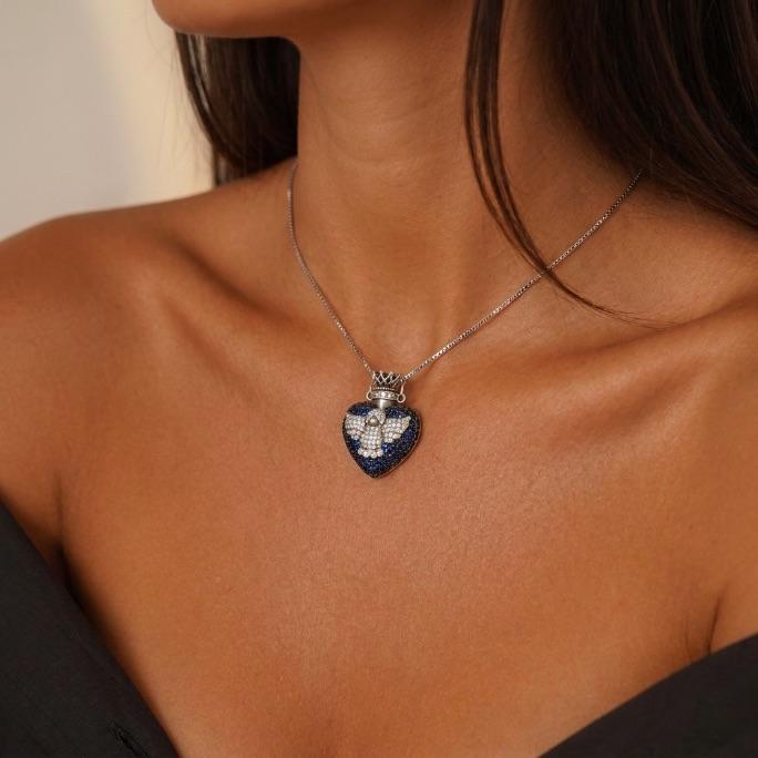 CORRENTE VENEZIANA PERFUMEIRO CORAÇÃO COM ZIRCONIA CRISTAL E AZUL -PRATA 925