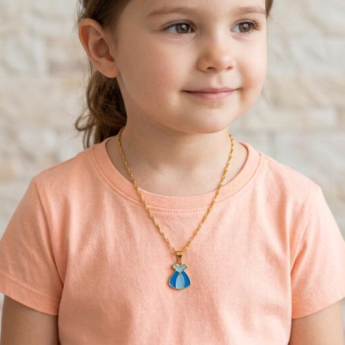 CORRENTE SINGAPURA INFANTIL VESTIDO PRINCESAS AZUL -  BANHADO A OURO 18K