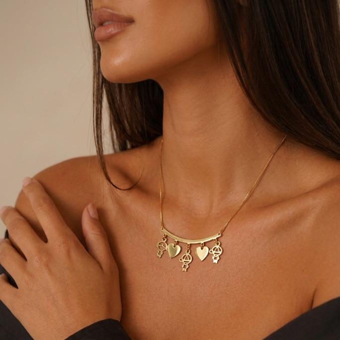 CORRENTE VENEZIANA CANGA CORAÇÕES LISOS E TRIO BONECOS DUAS MENINAS E UM MENINO VAZADOS ZIRCÔNIA CRISTAL E ZIRCÔNIA ROSA - BANHADO A OURO 18K