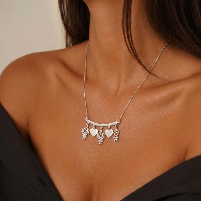 CORRENTE VENEZIANA CANGA CORAÇÕES LISOS E TRIO BONECOS DUAS MENINAS E UM MENINO VAZADOS ZIRCÔNIA CRISTAL E ZIRCÔNIA ROSA - BANHADO A PRATA 925