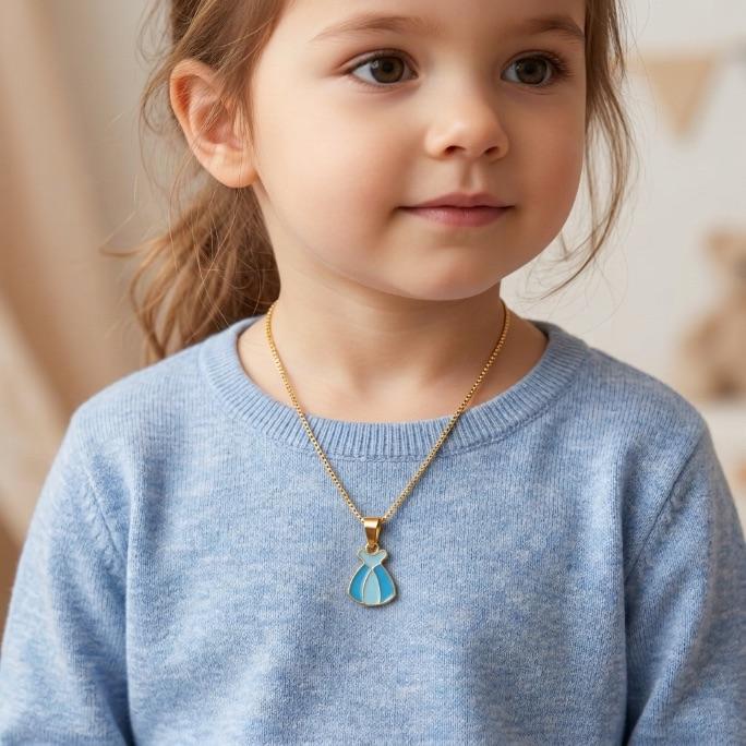 CORRENTE VENEZIANA INFANTIL VESTIDO PRINCESAS AZUL -  BANHADO A OURO 18K