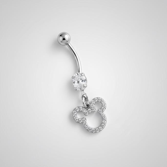 PIERCING DE UMBIGO BASE BOLINHA COM PENDURICALHO MICKEY ZIRCONIA CRISTAL  -  BANHADO A RÓDIO BRANCO