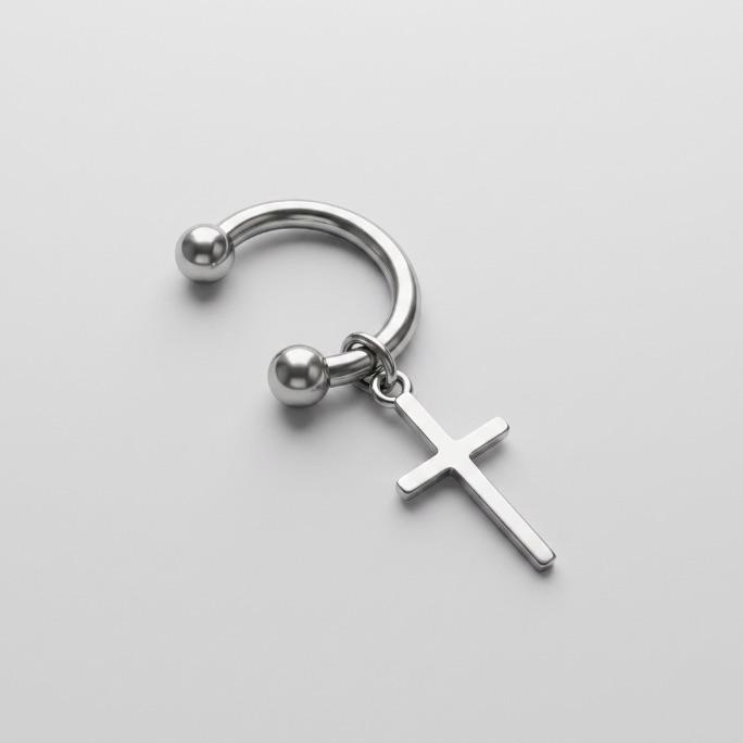 PIERCING FAKE ARGOLA CRUZ PENDURADA - BANHADO A RÓDIO BRANCO