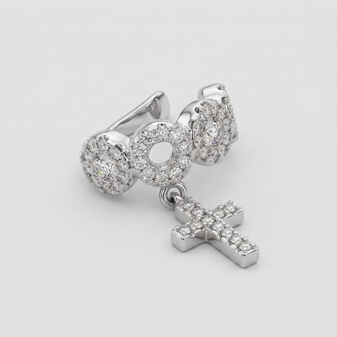 PIERCING FAKE COM 3 BOLINHAS DE ZIRCONIA  E CRUZ PENDURADA- BANHADO A RÓDIO BRANCO