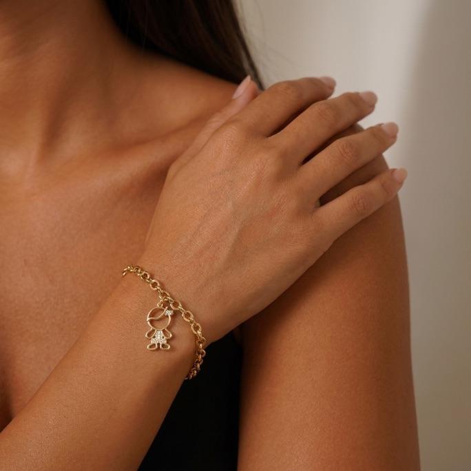 PULSEIRA ELO GRUMET LARGO COM BONECO MENINO CRAVEJADO ZIRCONIA CRISTAL-  BANHADO A OURO 18K