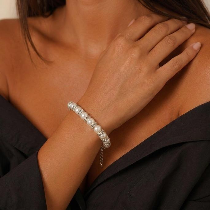 PULSEIRA PÉROLA E ARCO COM ZIRCONIA CRISTAL E EXTENSOR - BANHADO A PRATA 925