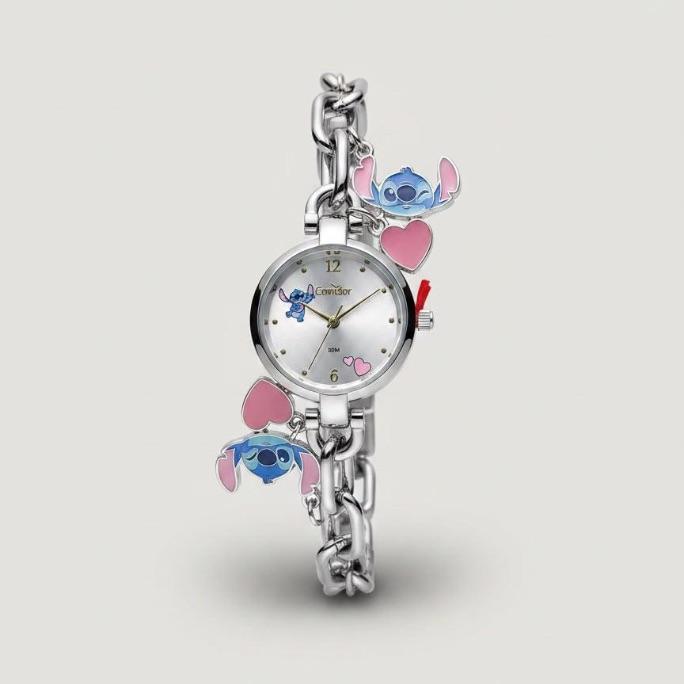 RELOGIO CONDOR FEMININO LINHA DISNEY PRATA COM FUNDO STITCH E PINGENTE PENDURADOS C02035OCG/5K- COR AÇO PRATA