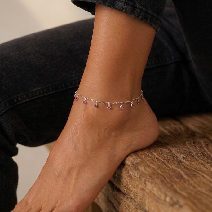 TORNOZELEIRA ELO CARTHIE FINO COM PONTO DE LUZ ROSÉ ACRILICO PENDURADO -PRATA 925