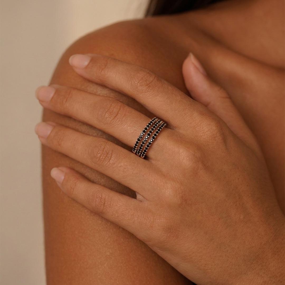 ANEL TRIPLO COM ZIRCONIA NEGRA Nº12 - BANHADO A PRATA 925