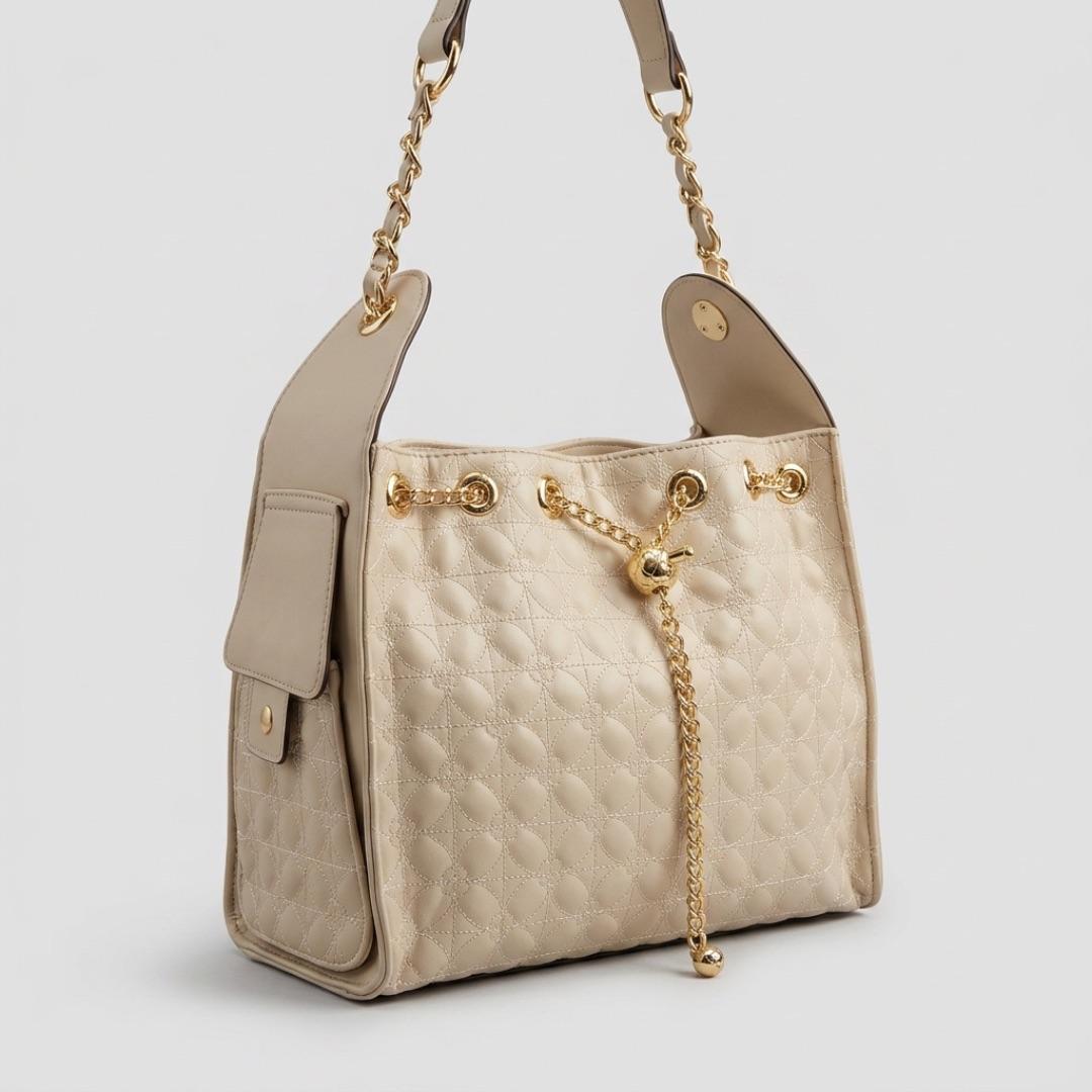 BOLSA CREME MÉDIA QUADRADA TIPO SACO ALÇA CORRENTE DE MÃO + ALÇA REMOVIVEL CHENSON