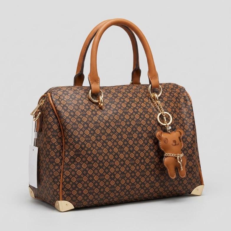 BOLSA MARROM BAÚ MONOGRAMA COM ZIRCÔNIA + ALÇA REMOVÍVEL E CHAVEIRO URSO CHENSON
