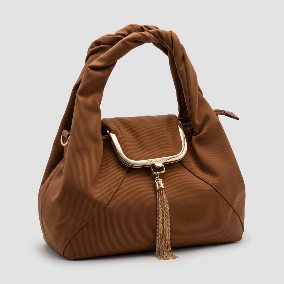 BOLSA MARROM GRANDE TECIDO TIPO VELUDO COM FECHO BOLSA PORTA MOEDA E CHAVEIRO CHENSON + ALÇA REMOVIVEL CHENSON