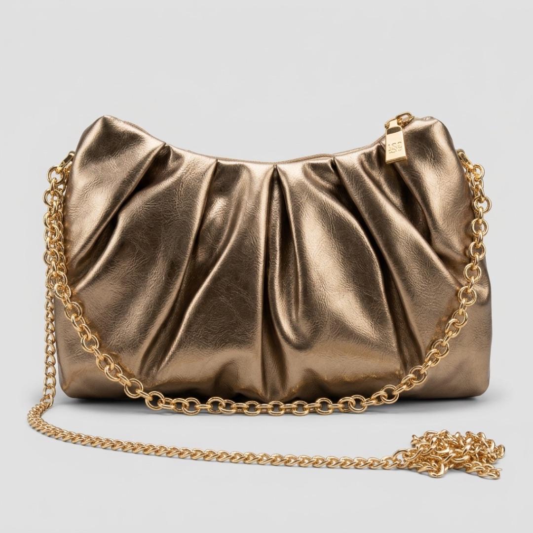 BOLSA METALICA TESTURIZADA LISA OURO ENVELHECIDO COM CORRENTE  + ALÇA GRUMET CHENSON