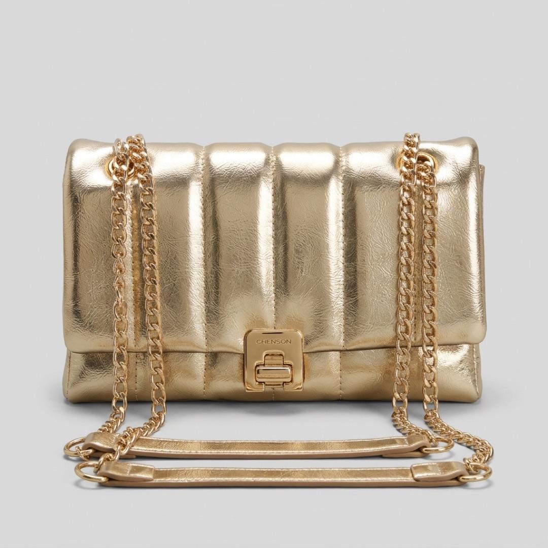 BOLSA METALICA TESTURIZADA RETO DOURADO COM FIVELA MONOGRAMA  + ALÇA GRUMET CHENSON