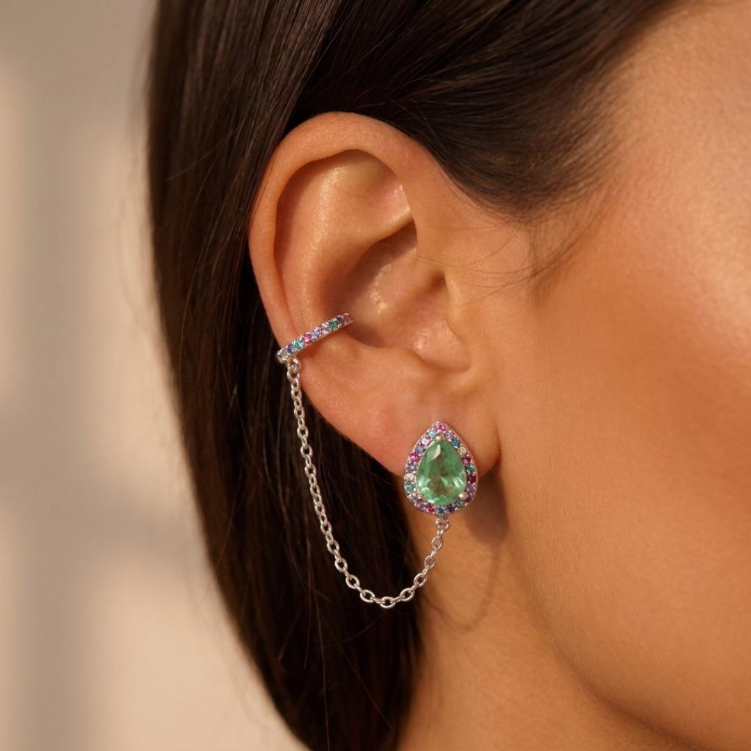 BRINCO DUPLO COM PIERCING FAKE GOTA VERDE FUSION E ZIRCONIA COLORSPONTO DE LUZ GRANDE - PRATA 925