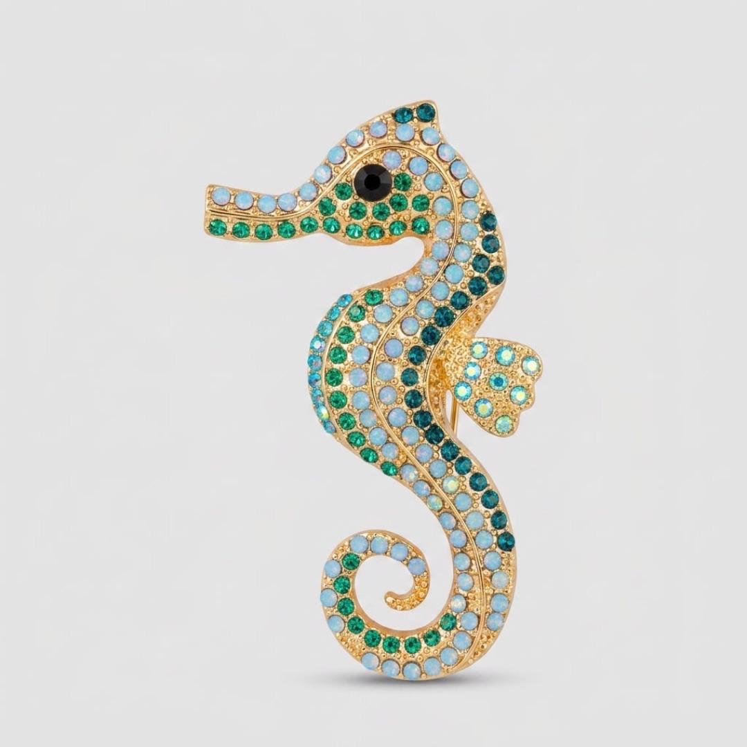BROCHE FASHION CAVALO MARINHO COM ZIRCÔNIA COLORIDA - COR OURO