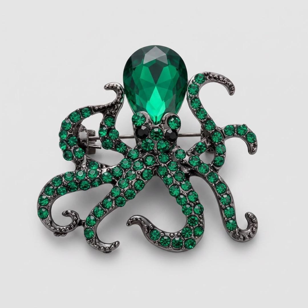 BROCHE FASHION POLVO  COM ZIRCÔNIA VERDE- COR OURO