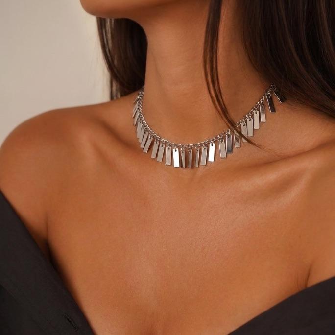 CHOKER ELO GRUMET  FRANJA PINGENTES RETANGULAR COM EXTENSOR   - BANHADO A RÓDIO BRANCO