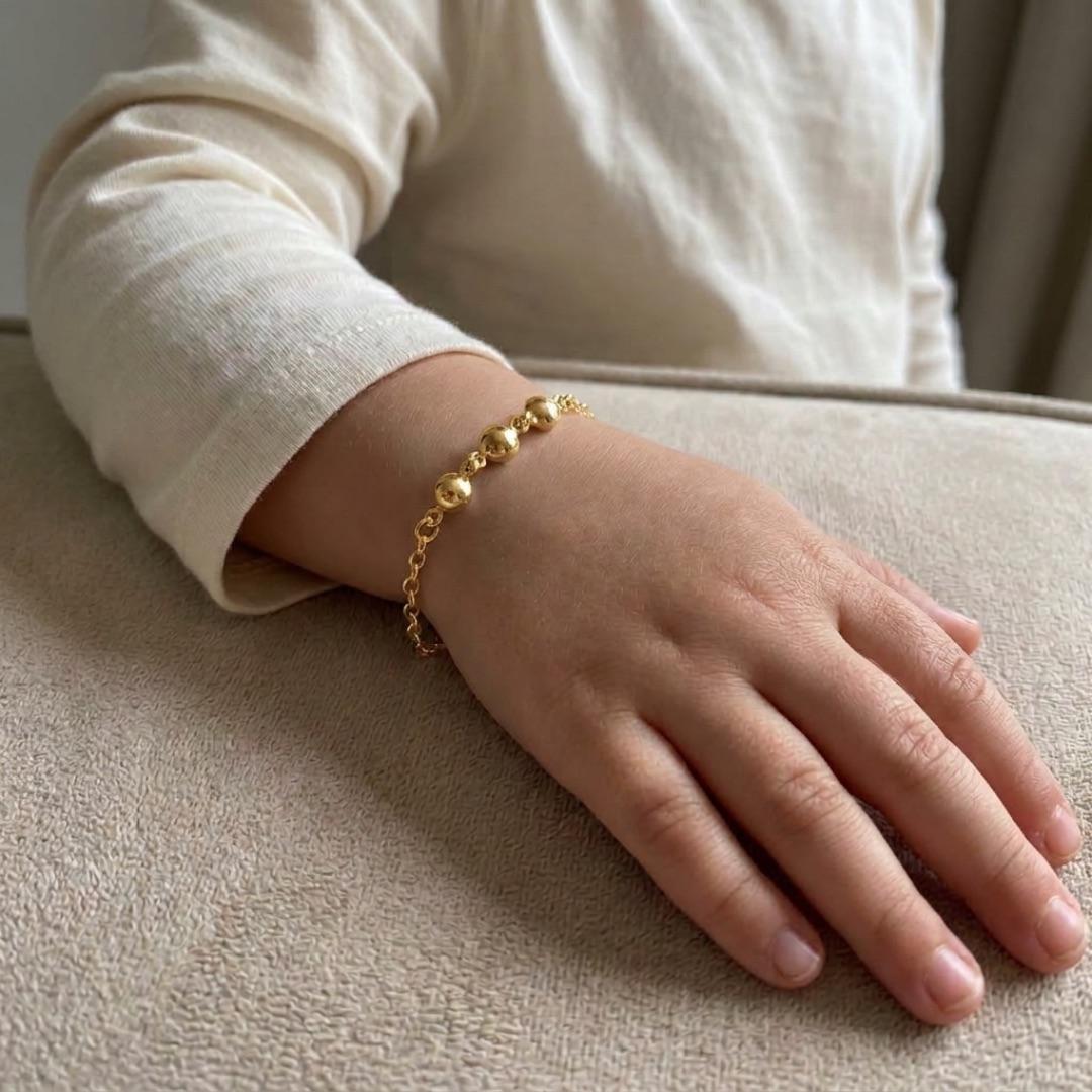 PULSEIRA ELO GRUMET COM 3 BOLAS ABAULADAS  LISAS  - BANHADO A OURO 18K