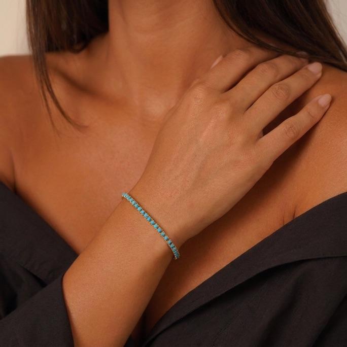 PULSEIRA RIVIERA AZUL TURQUESA FINA COM FECHO GAVETA- BANHADO A OURO 18K
