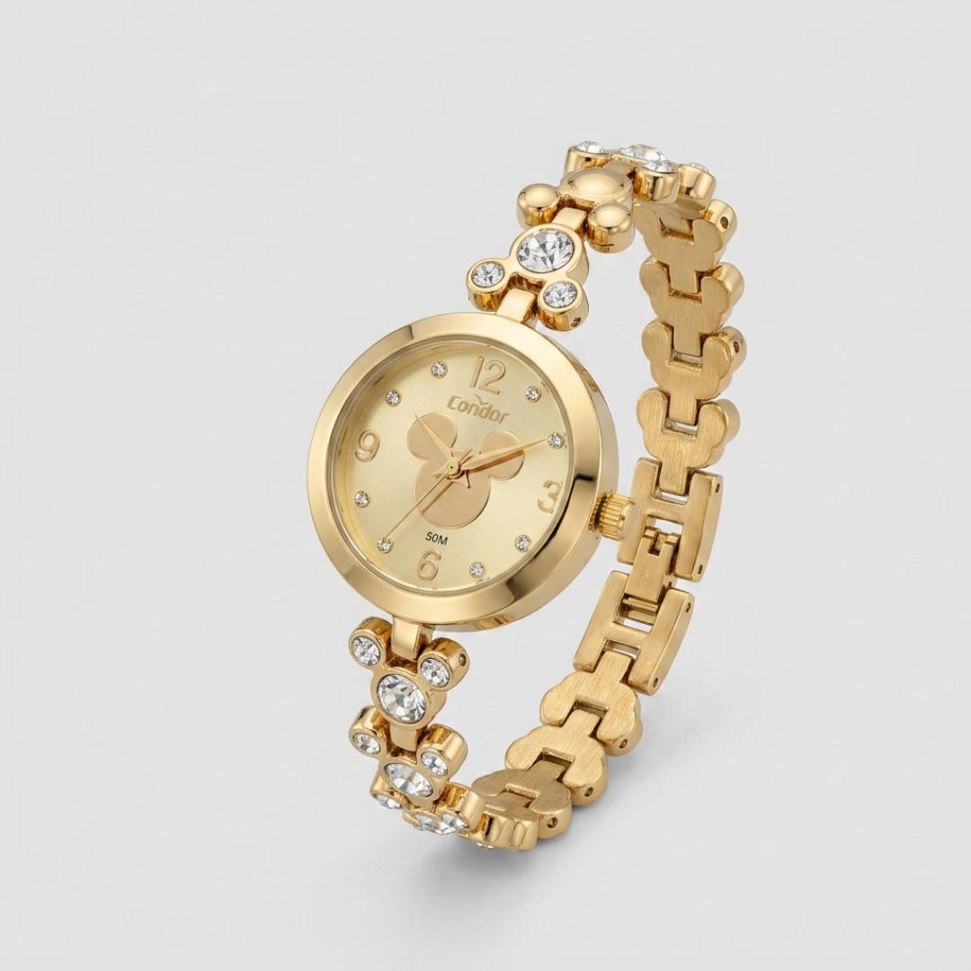 RELOGIO CONDOR FEMININO LINHA DISNEY DOURADO PULSEIRA MIKEY COM ZIRCONIA CRISTAL  COM FUNDO DESENHO MIKEY CO2035NTF/5K  - COR AÇO PRATA