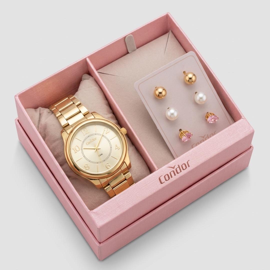 RELOGIO CONDOR FEMININO PULSEIRA GOMO  E FUNDO DOURADO - ACOMPANHA CONJUNTO DE BRINCOS  CO2035NRD/K4X COR AÇO DOURADO