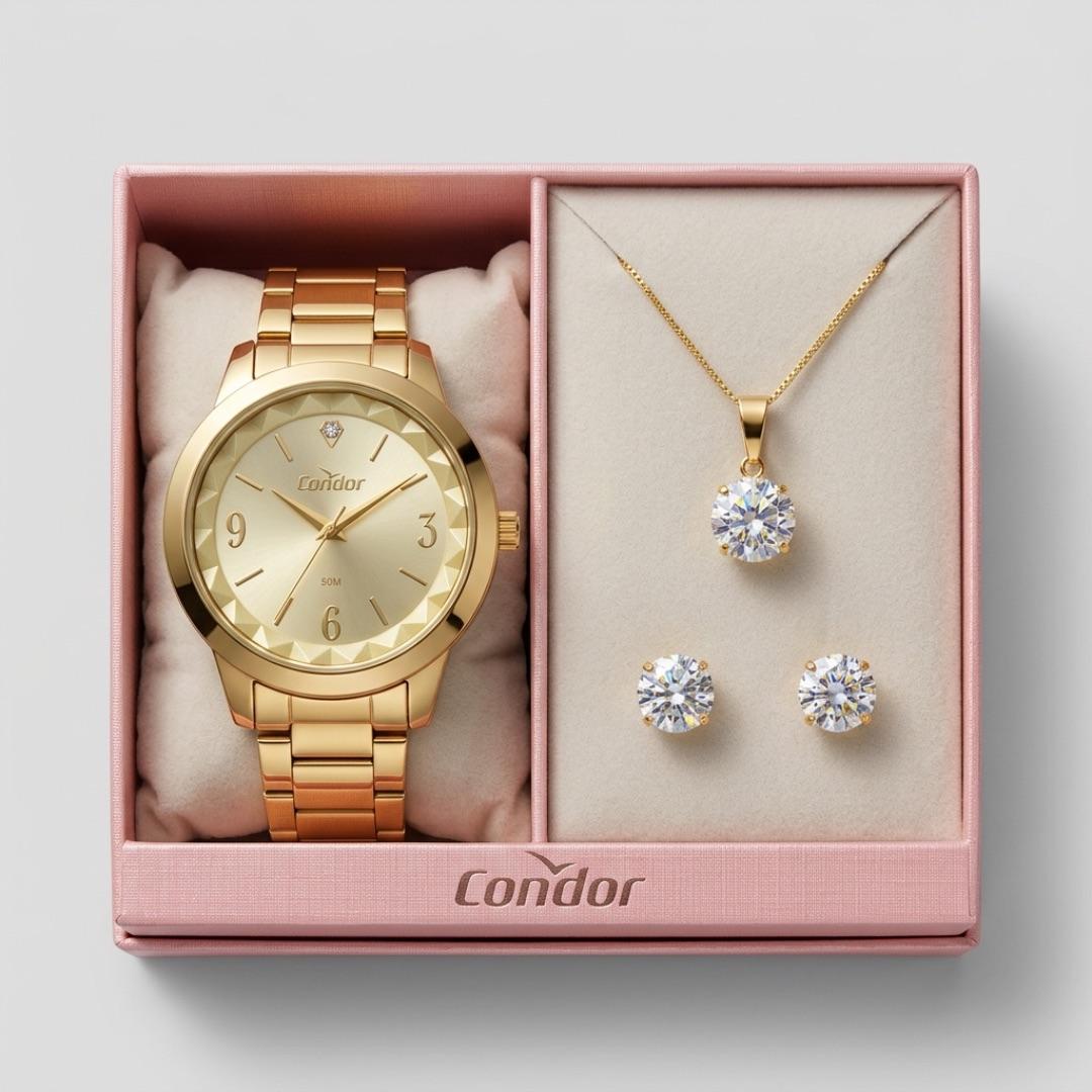 RELOGIO CONDOR FEMININO PULSEIRA GOMO E FUNDO DOURADO COM PONTO DE LUZ ZIRCONIA - ACOMPANHA CONJUNTO DE BRINCO E CORRENTE  CO2035NBG/K4D  COR AÇO DOURADO