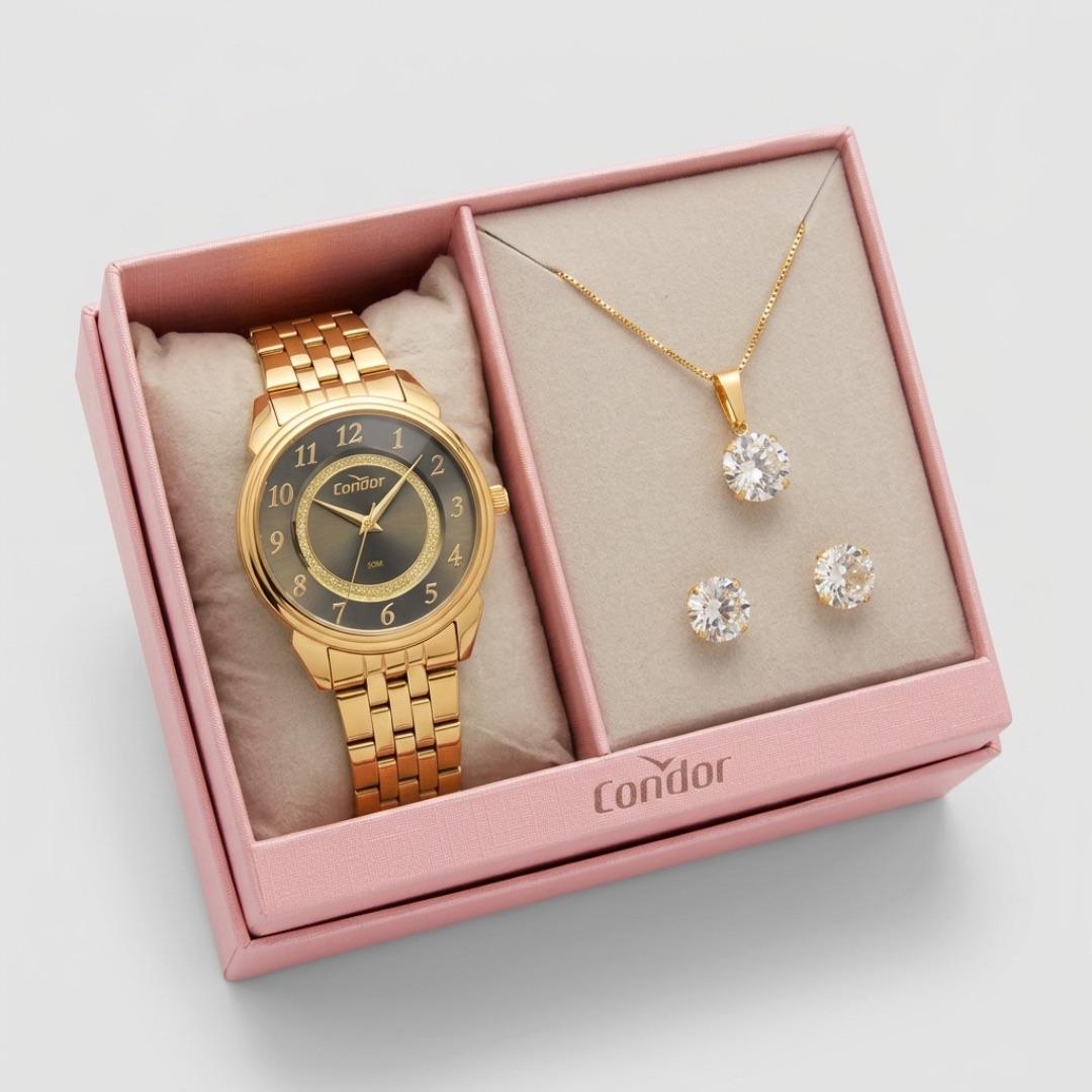 RELOGIO CONDOR FEMININO PULSEIRA GOMO  E FUNDO MADREPÉOLA PRETO E ZIRCÔNIA CRISTAL - ACOMPANHA CONJUNTO DE BRINCO E CORRENTE  CO2035NJS/K4P COR AÇO DOURADO
