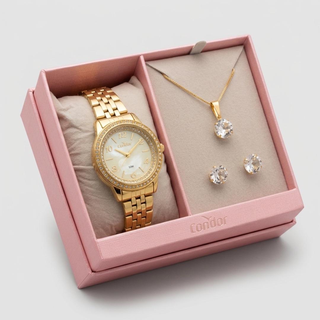 RELOGIO CONDOR FEMININO PULSEIRA GOMO LATERAL COM ZIRCÔNIA E FUNDOMADREPÉOLA - ACOMPANHA CONJUNTO DE BRINCO E CORRENTE  CO2035OAV/K4K  COR AÇO DOURADO
