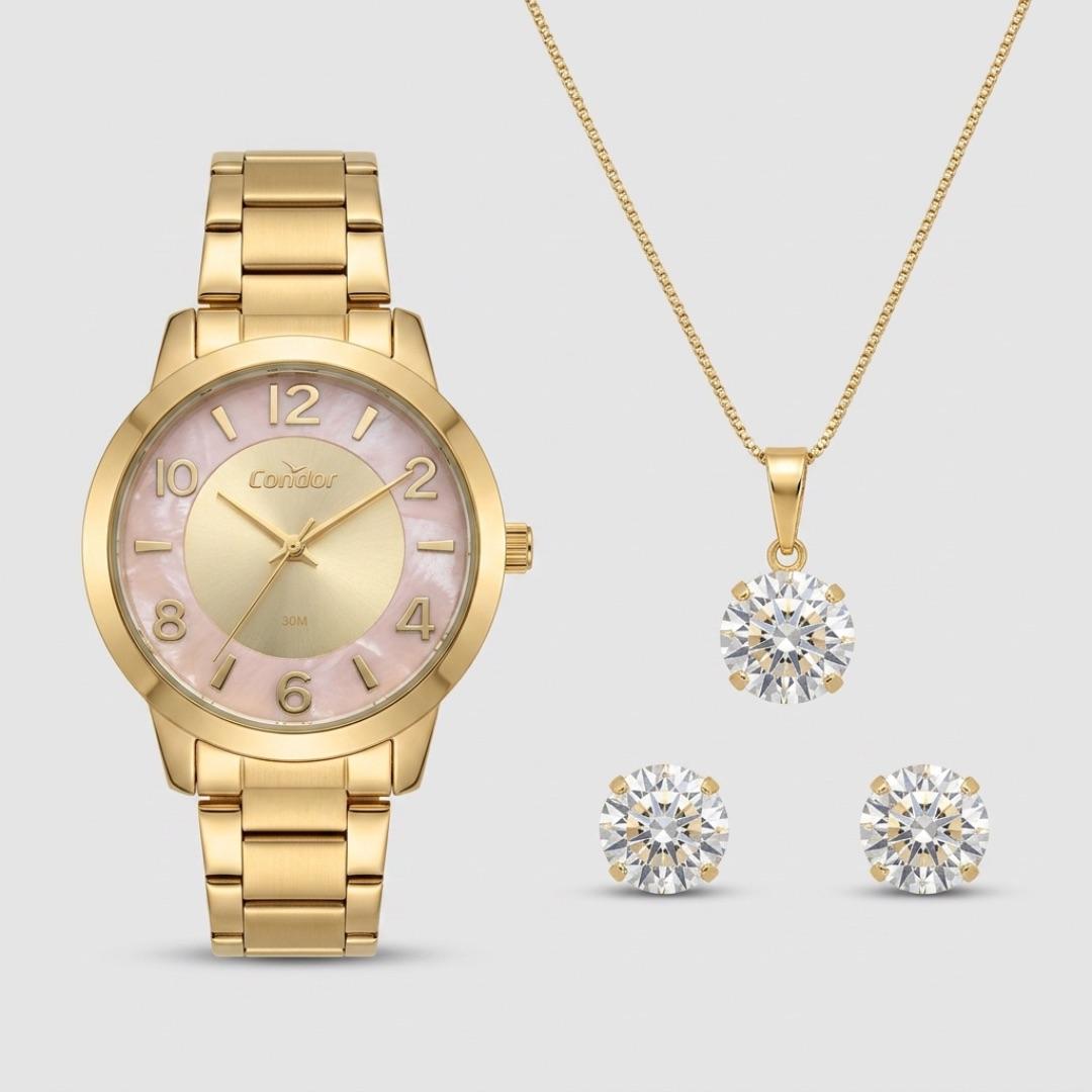 RELOGIO CONDOR FEMININO PULSEIRA GOMO LATERAL E FUNDO MADREPÉOLA ROSÉ- ACOMPANHA CONJUNTO DE BRINCO E CORRENTE  CO2036MVK/K4T  COR AÇO DOURADO