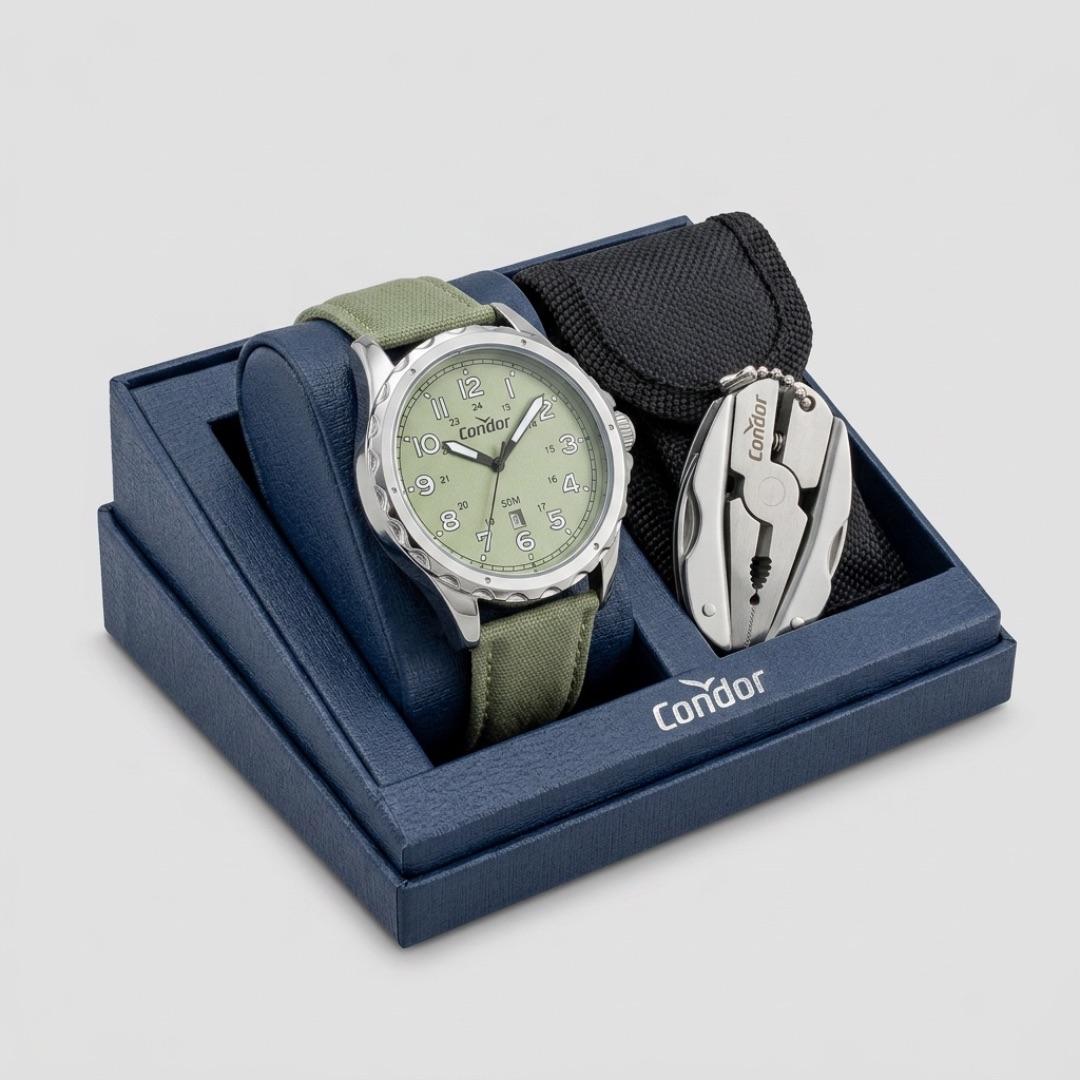 RELOGIO CONDOR MASCULINO PULSEIRA TECIDO VERDE MENTA E FUNDO VERDE MENTA - ACOMPANHA MINI ALICATE DE BRINDE- CO2115NCX/K5K- COR AÇO GRAFITE/COURO